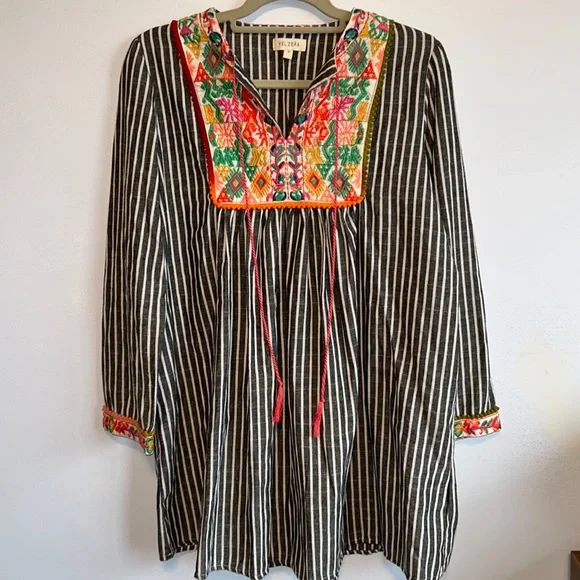 velzera embroidered tunic dress Velzera Blue Striped Boho Vintage Embroidered Tunic Morrell's Armoire
